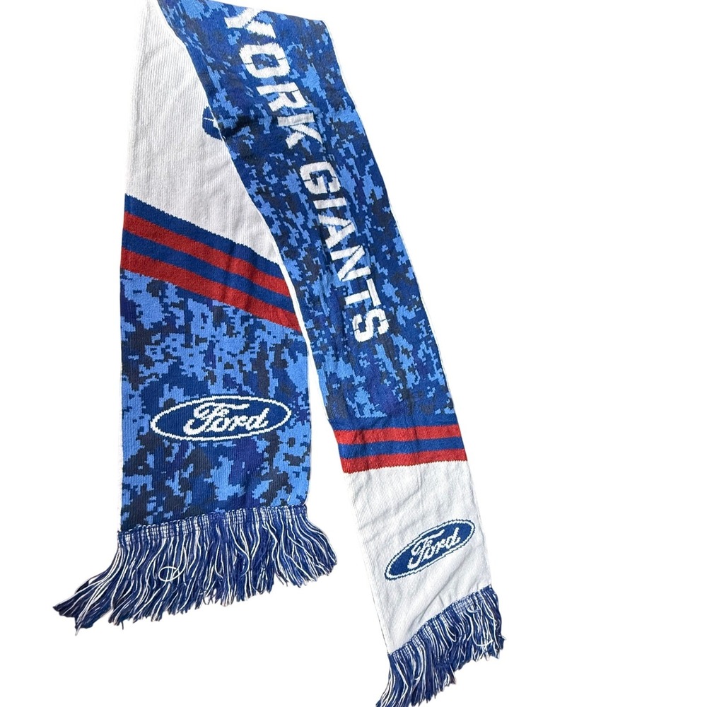 New York Giants Ford Knit Scarf Winter NFL Fan Gear Blue White Fringe EUC